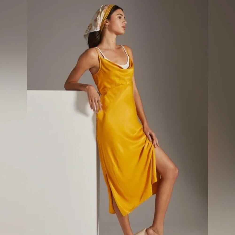 By Anthropologie Elyse Bias Slip Dress Canary/Yellow Cowl neck Sleeveless S ⭐️ - Picture 1 of 6